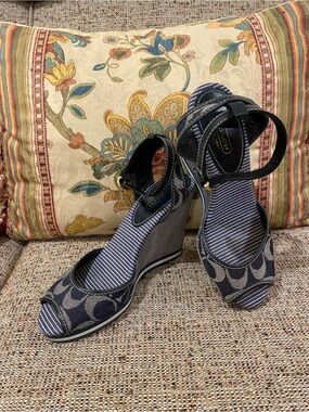 Coach Navy Denim Signature Wedge Sandals with Ankle Strap